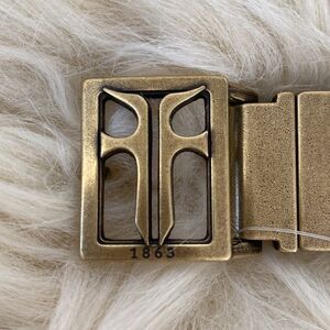 New Frye Reversible Leather Belt Sz L Logo Buckle in Brash Gold Gift